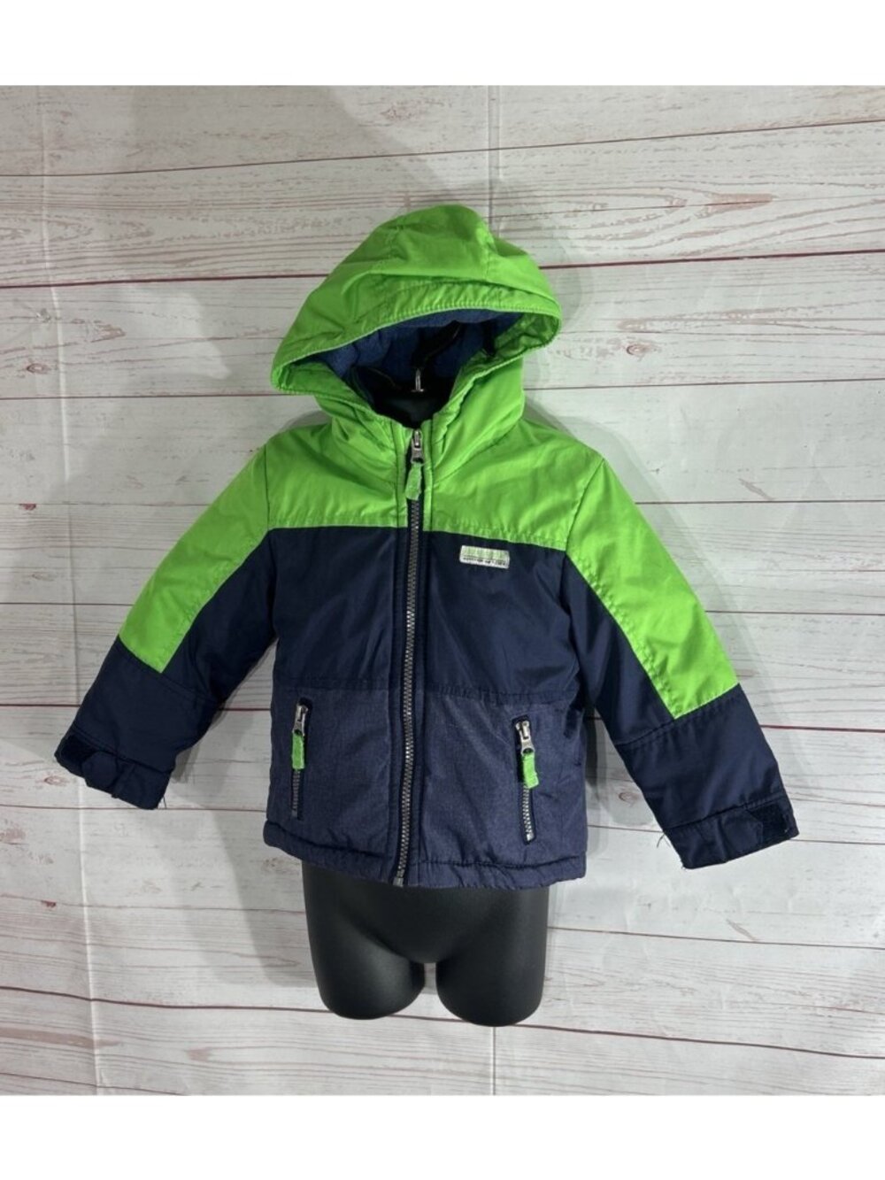Carter's Boys Size 2T Colorblock Blue Green Hooded Jacket Quilted Zip Up Pockets